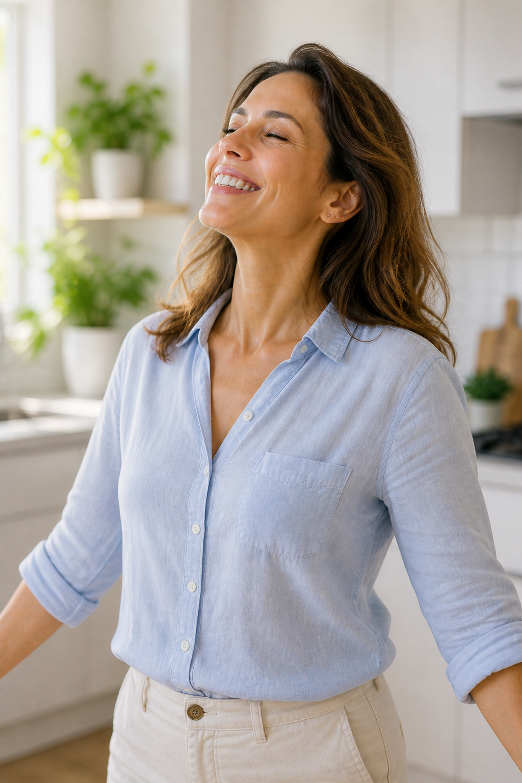Mujer relajada y con energía en casa