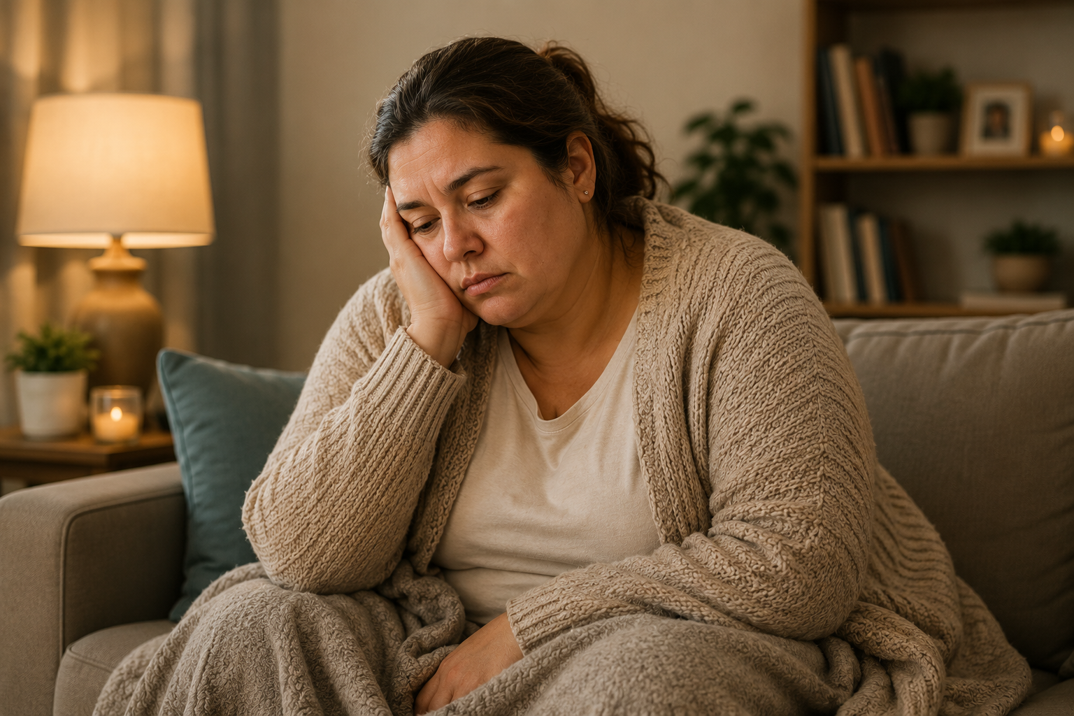 Mujer cansada y abrigada en casa