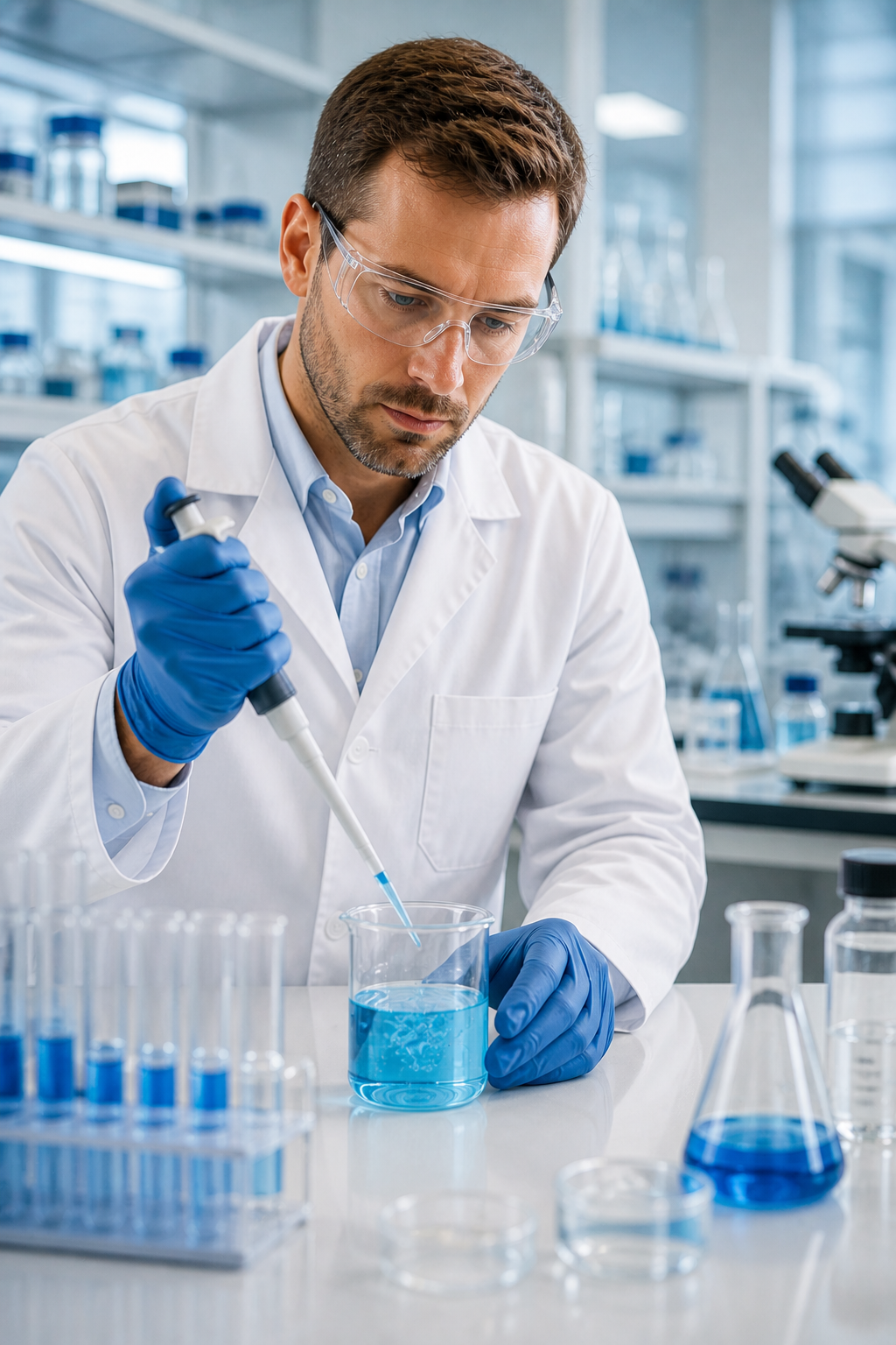 Especialista en laboratorio trabajando con líquido azul