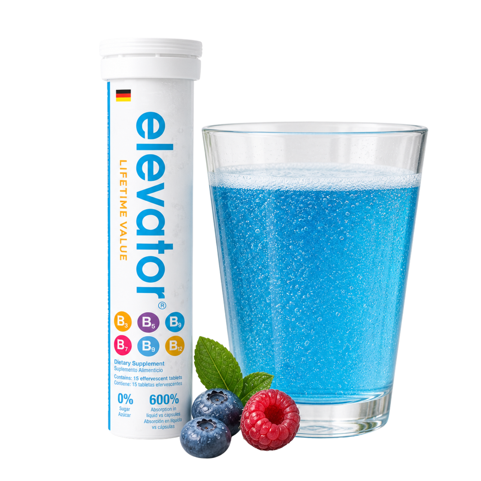 Elevator producto con vaso y tabletas efervescentes